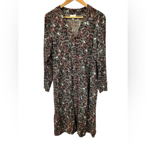 J.Jill Floral Paisley Midi Length Dress Long Sleeved VNeck Ditzy Black Size XS - Picture 2 of 7